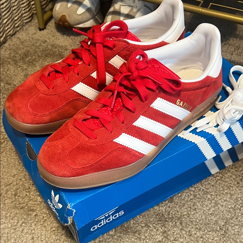 adidas Red Suede Sneakers with White Stripes